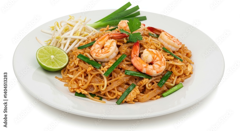 Pad thai with shrimp sprouts lime and green onions on a white plate. Pad thai with shrimp sprouts lime and green onions on a white plate.