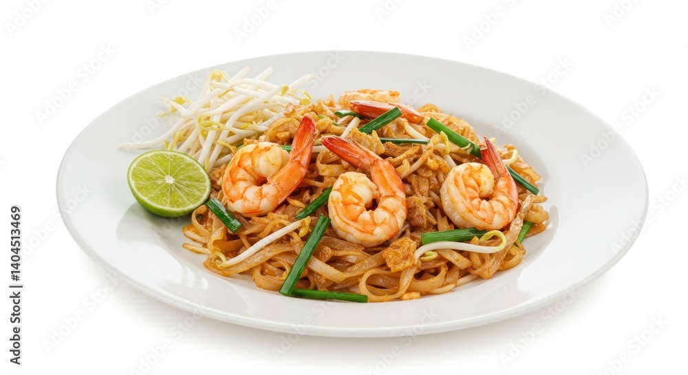 Pad thai with shrimp sprouts and lime on a white plate. Pad thai with shrimp sprouts and lime on a white plate.