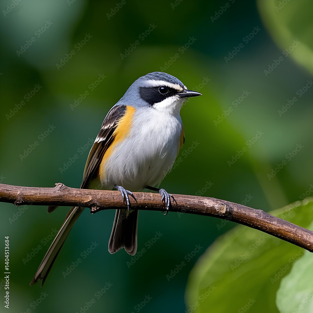 Naklejka premium Brightly Colored Bird with Yellow and Green Plumage on Branch. This stunning bird with yellow and green feathers rests on a branch, capturing the beauty of nature