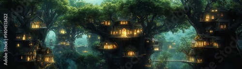 Explore a breathtaking fantasy city nestled within a sprawling giant tree canopy, where architecture blends harmoniously with nature.