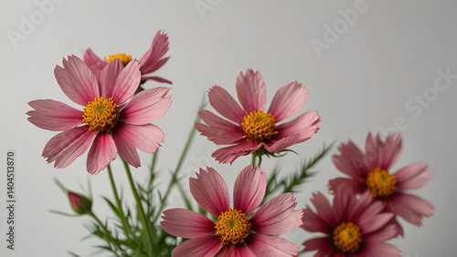 Fresh Pink Flowers with Bright Yellow Centers Against a Soft Light Background Showcasing Vibrant Colors Delicate Petals and Natural Elegance in a Minimalist Composition