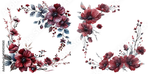 abstract burgundy flowers frame border vector illustration in watercolor style