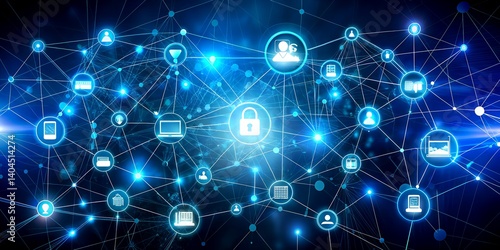Connected Digital Network with Security Icons Representing Data Protection Concepts