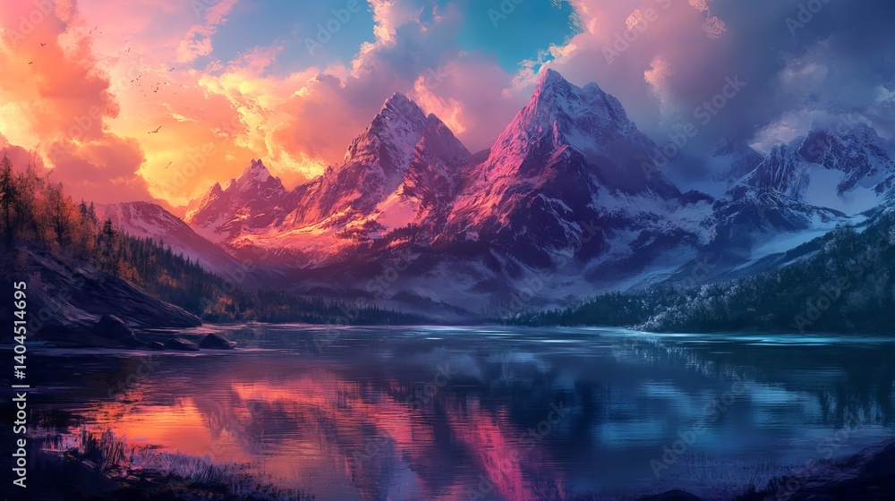 Obraz premium Majestic mountain lake landscape with pink sunset sky and snow capped peaks art calm cold blue water