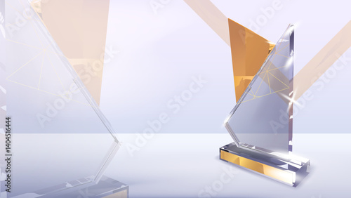 Elegant crystal glass trophy with golden highlights on a white background, ideal for award ceremony or business recognition visuals © Emptee