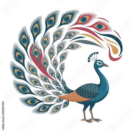 Peacock with paintbrush tail feathers spreading color vector artwork, isolated on white background. 