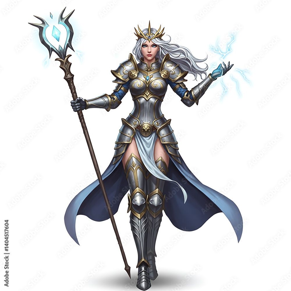 Obraz premium Armored Sorceress: Silver Haired Queen with Magic Staff and Lightning, Fantasy Warrior.