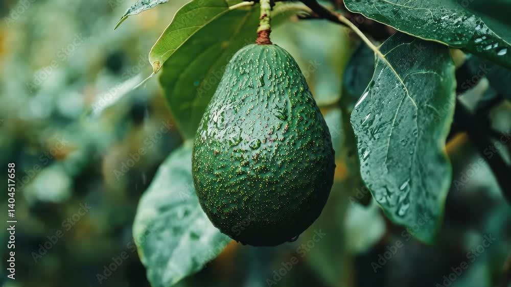 Closeup of a green avocado hanging from a tree branch in a lush garden setting, Closeup of green avocado hanging from tree branch with leaves