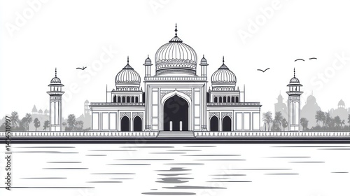 A line drawing of a grand mosque complex by a body of water.