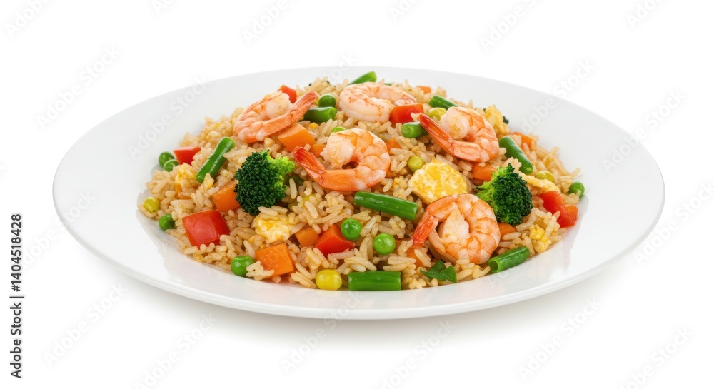 Fried rice with shrimp broccoli carrots and corn on a white plate. Fried rice with shrimp broccoli carrots and corn on a white plate.