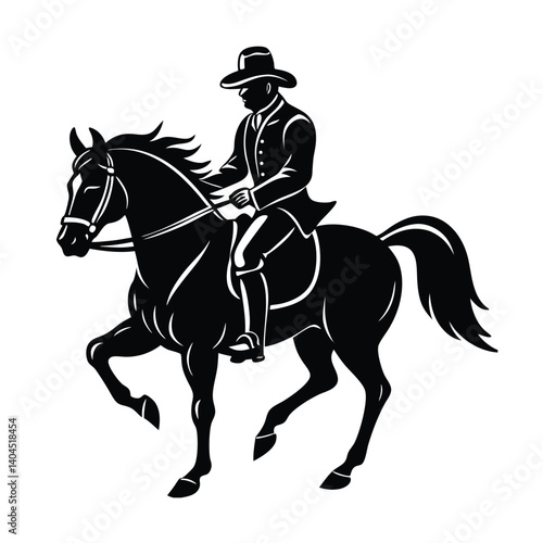 Black silhouette vector illustration shows a rider on a horse, an equestrian sport animal
