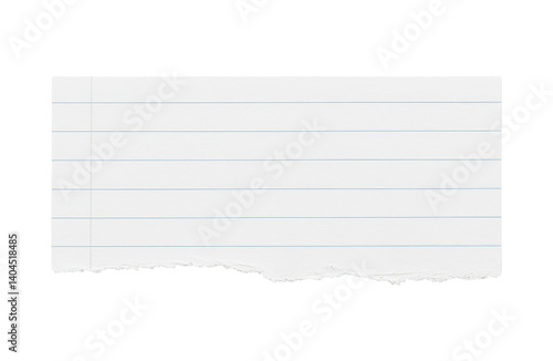 Torn lined notebook paper with blue horizontal lines and left margin, ideal for scrapbooking, journaling, note taking, or educational use. Isolated on transparent background, png.