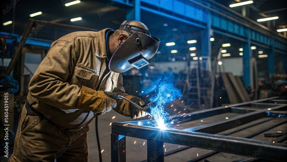 Skilled Welder in Industrial Factory Setting Arc Welding Metal Construction Skilled Welder in Industrial Factory Setting Arc Welding Metal Construction