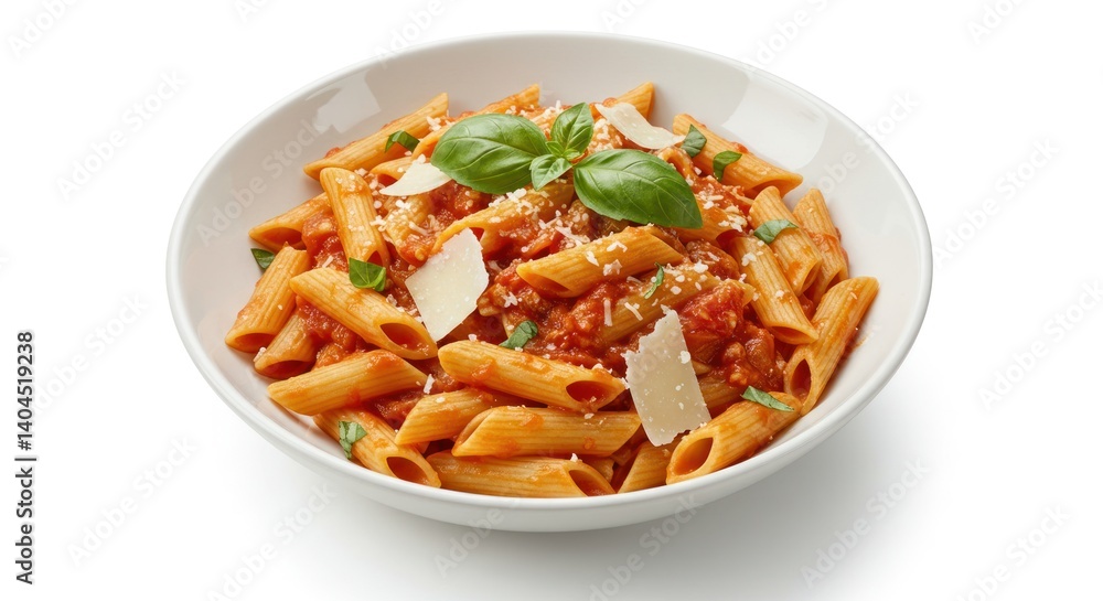 Pasta with tomato sauce basil and parmesan cheese in a white bowl. Pasta with tomato sauce basil and parmesan cheese in a white bowl.