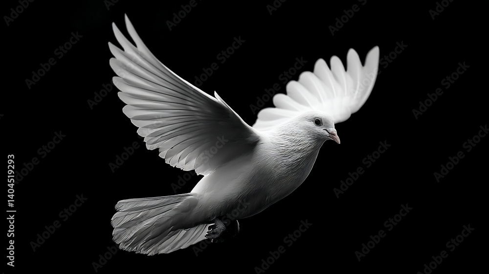 Fototapeta premium White dove in flight against black background