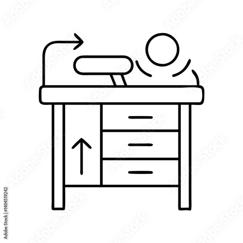 Line art illustration of a medical examination table with drawers and an armrest