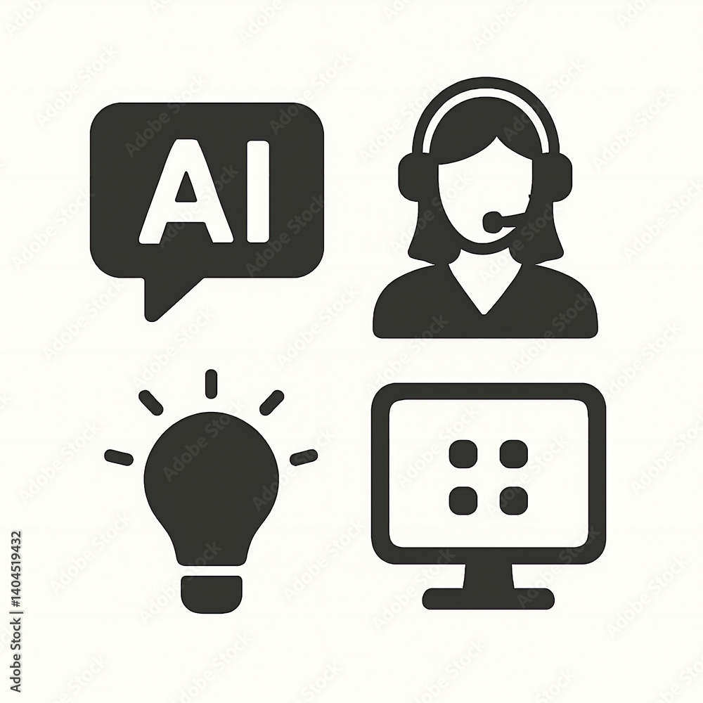 Fototapeta premium Minimalistic AI and Tech Support Icons – Artificial Intelligence, Customer Service, Innovation, Interface
