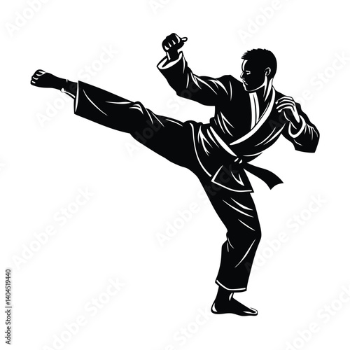 Black karate silhouette vector illustration of a fighting sport person