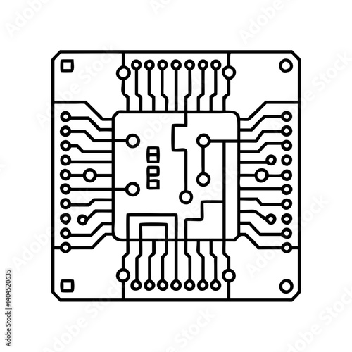 Detailed Line Drawing of a Microchip Circuit Board Electronic Component