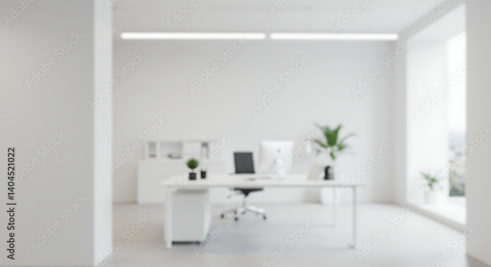 Fototapeta premium Serene White Office: Minimalist Design, Natural Light AI Generated
