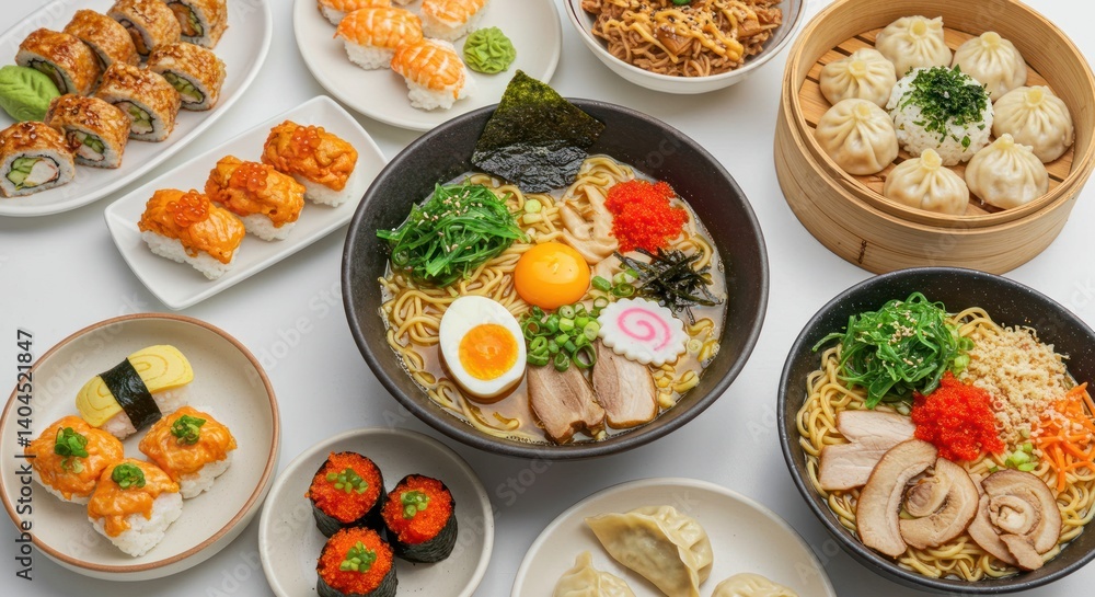 Assorted Japanese food dishes including sushi ramen and dumplings on a white surface. Assorted Japanese food dishes including sushi ramen and dumplings on a white surface.