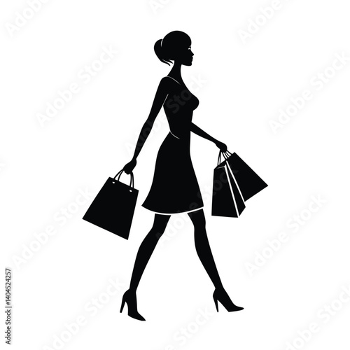 A smiling fashion shopper, a woman and a girl with bags, are silhouettes of beauty enjoying a retail purchase