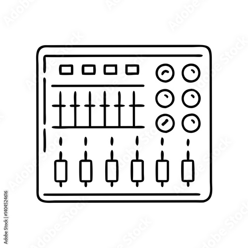 Hand Drawn Sketch of a Music Mixer Control Panel with Faders Knobs and Buttons for Audio Production and Sound Mixing