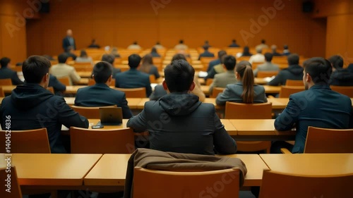 Wallpaper Mural Audience sitting in a lecture hall with wooden desks and chairs facing the speaker stage Torontodigital.ca