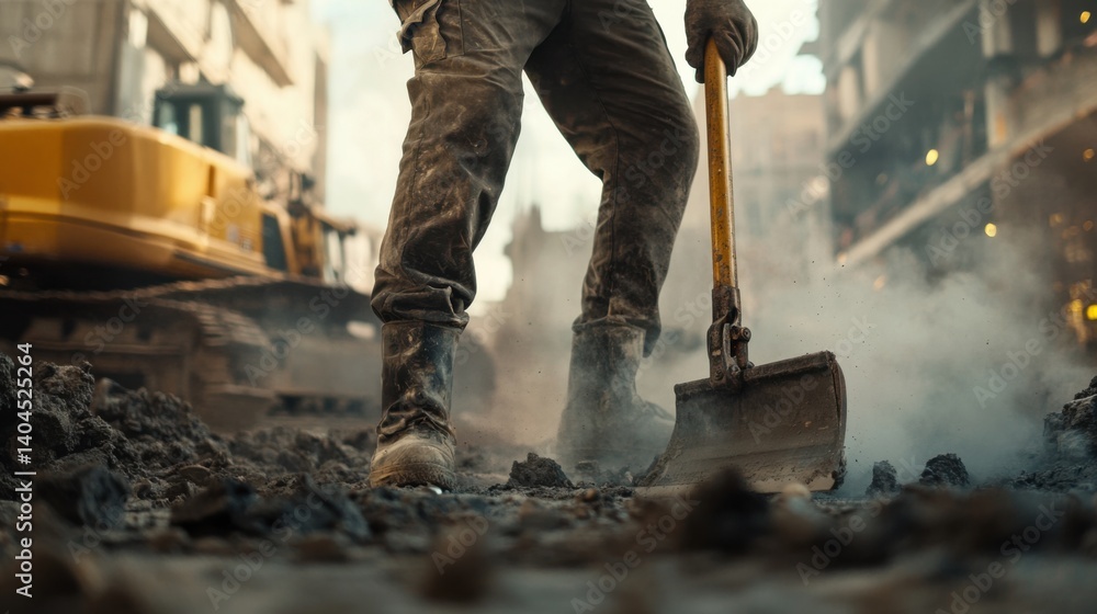 Construction worker operating a jackhammer. Featuring heavy machinery and construction labor Construction worker operating a jackhammer. Featuring heavy machinery and construction labor