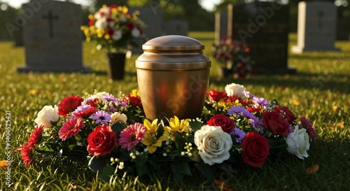 urn and flowers surrounded by graves in a peaceful cemetery  