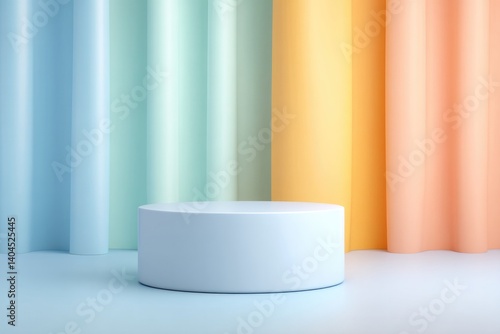 minimalistic empty podium in studio backed by vibrant-colored curtains glowing under studio lights