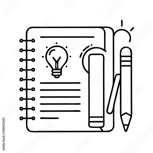 Notebook with Pencil and Lightbulb Idea Sketch for Creative Writing and Note Taking