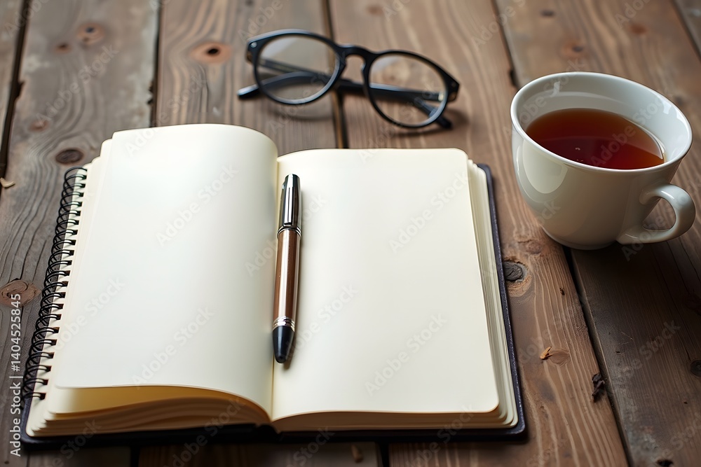 Rustic Wood Desktop with Open Notebook and Tea Rustic Wood Desktop with Open Notebook and Tea