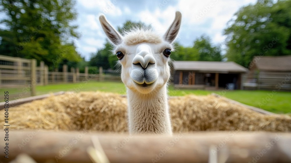 Obraz premium A white llama looks at the camera, head popping over a hay-filled trough, in a farm setting, with blurred buildings in the background.