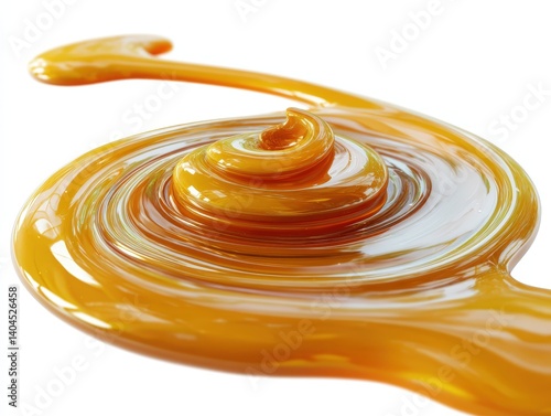A close-up shot of luscious golden caramel creating a mesmerizing swirl pattern, showcasing its rich texture and alluring gloss.