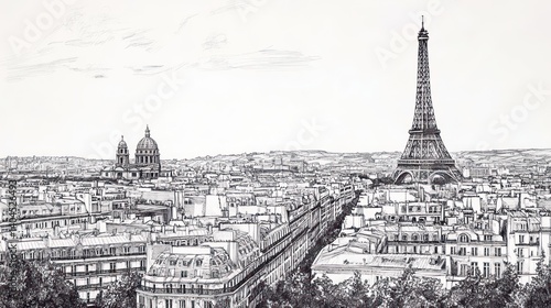 Fototapeta Naklejka Na Ścianę i Meble -  A detailed pen and ink drawing of the Parisian skyline.