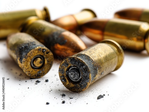A close-up shot of spent cartridge casings on a surface, revealing the aftermath of firearms usage. The image showcases the details of the casings.