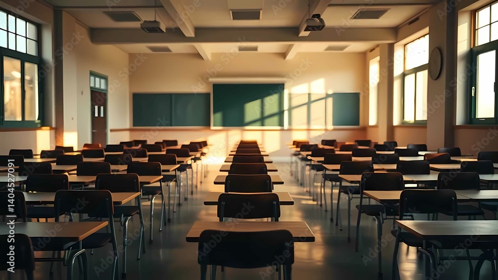 custom made wallpaper toronto digitalA sunlit classroom with rows of empty desks, a blackboard, and large windows, creating a serene atmosphere