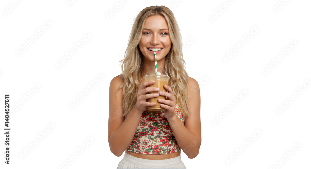 Smiling Woman with Blonde Hair Enjoying Iced Coffee Transparent Background Smiling Woman with Blonde Hair Enjoying Iced Coffee Transparent Background
