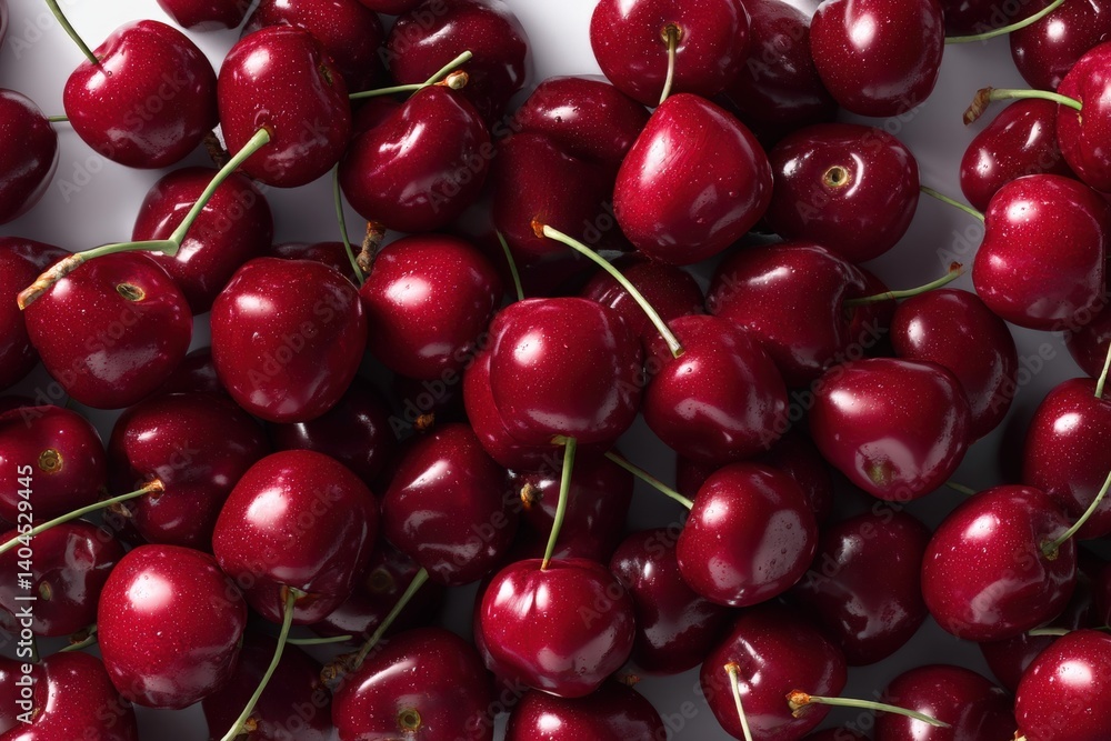 A vibrant, juicy, and tantalizingly delicious collection of fresh cherries, captured in a close-up, overhead shot, showcasing their deep red color and glossy sheen. A vibrant, juicy, and tantalizingly delicious collection of fresh cherries, captured in a close-up, overhead shot, showcasing their deep red color and glossy sheen.