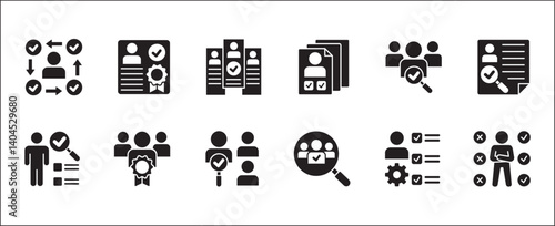 Business employee selection icon set. Professional worker qualification icons. Contains symbol of management, lecture, mentoring, expert, qualified worker, learning, selection. Vector illustration