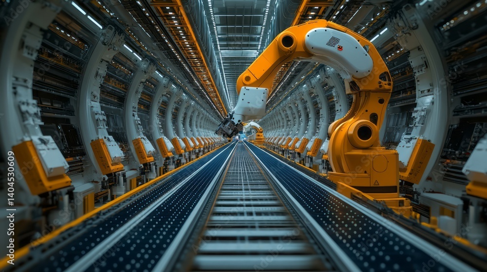 Obraz premium Industrial robotic arms work over a conveyor belt system