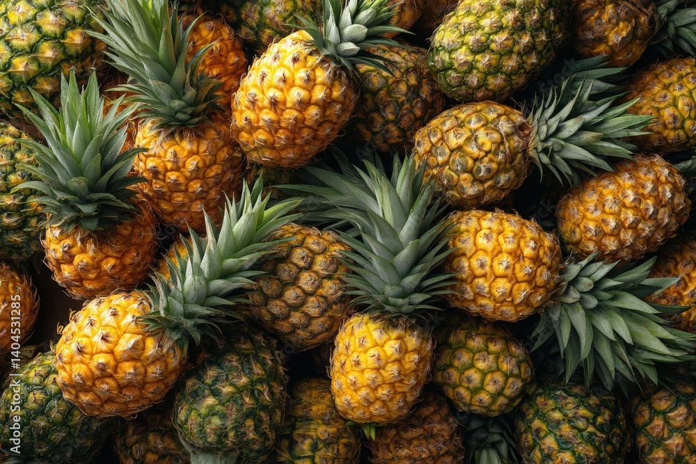 A bountiful close-up shot of numerous ripe pineapples, showcasing the tropical fruit's vibrant golden and green hues. A bountiful close-up shot of numerous ripe pineapples, showcasing the tropical fruit's vibrant golden and green hues.