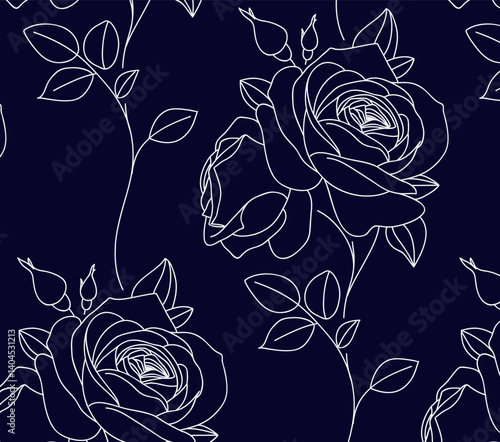 Seamless pattern with abstract line garden rose with leaves. Blossoming outline flowers on dark blue background. Vintage floral hand drawn wallpaper. Vector stock illustration.