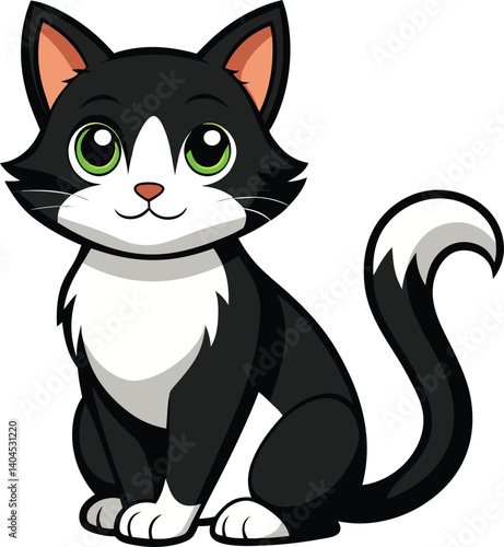 A stylized cartoon like drawing of a black and white cat