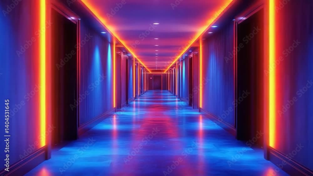 Neon lit hotel hallway, vibrant colors, architectural design, interior space, professional Neon lit hotel hallway, vibrant colors, architectural design, interior space, professional