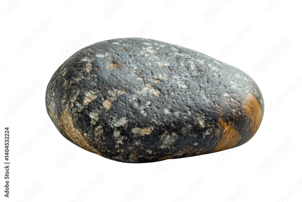 Smooth dark grey river rock with speckled beige accents isolated on black background detailed macro photography Smooth dark grey river rock with speckled beige accents isolated on black background detailed macro photography