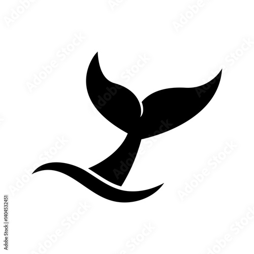 whale tail icon. Whale tail with waves icon. Dolphin, orca, beluga or another marine mammal sign. Black cetacean animal fin silhouette isolated on white background.