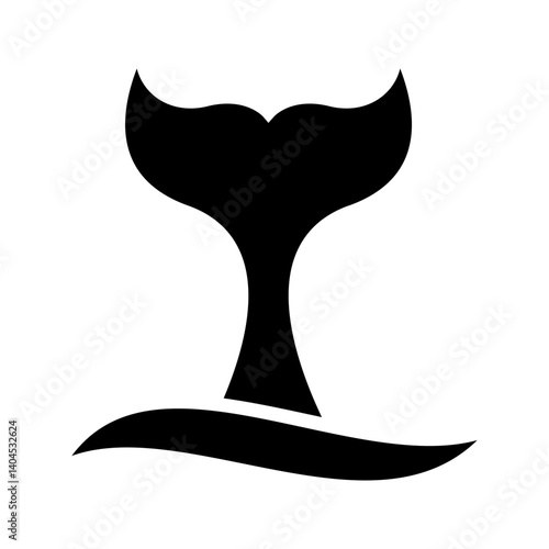 whale tail icon. Whale tail with waves icon. Dolphin, orca, beluga or another marine mammal sign. Black cetacean animal fin silhouette isolated on white background.