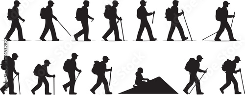 This image displays a series of black silhouette figures of hikers, showcasing various stages of hiking, from initial steps to reaching the summit.